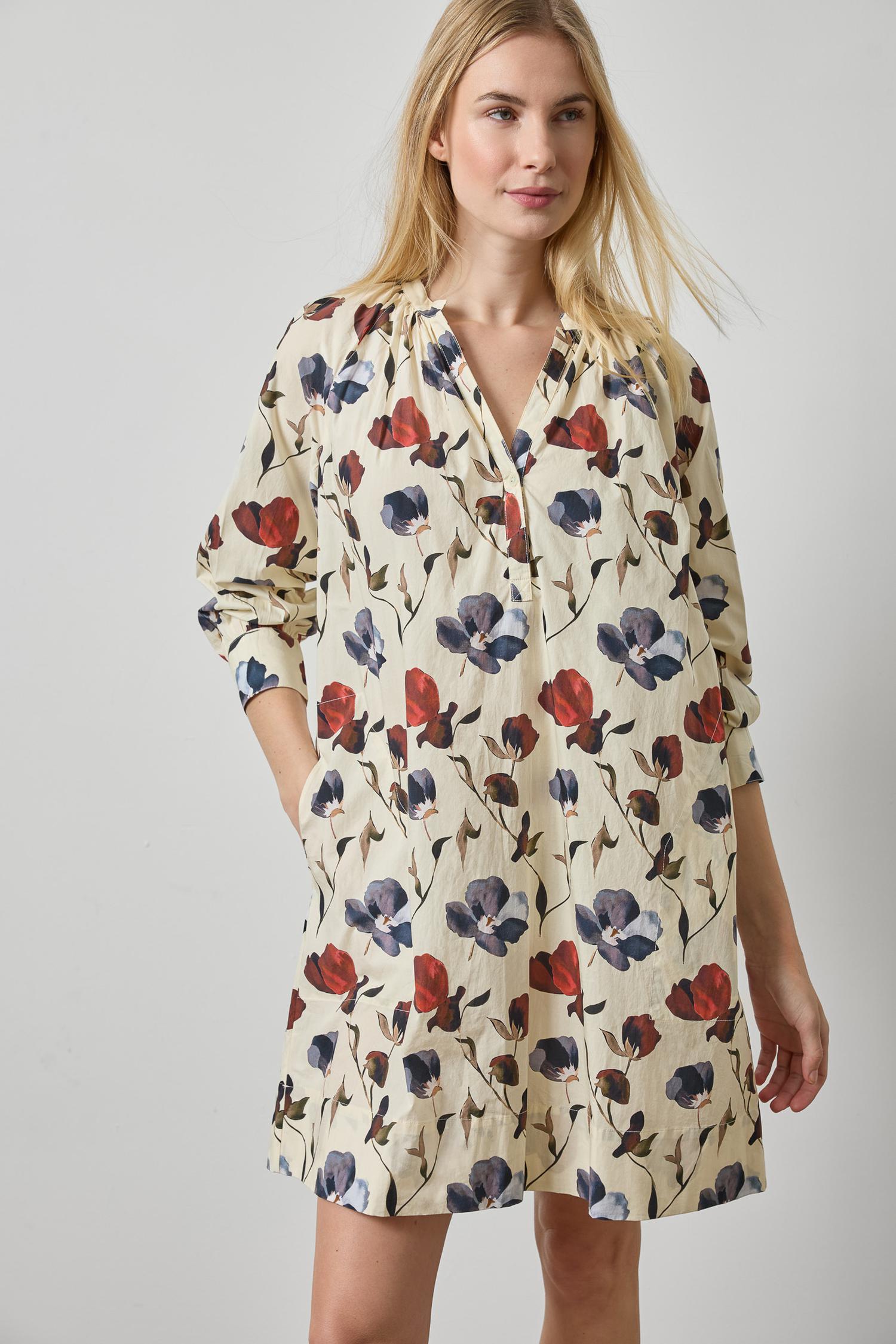 Shirred Neck Placket Dress Womens Dress Blue Poppy Print A3
