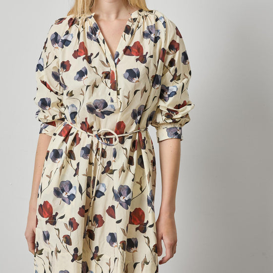 Shirred Neck Placket Dress Womens Dress Blue Poppy Print A4