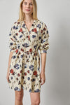 Shirred Neck Placket Dress Womens Dress Blue Poppy Print A4