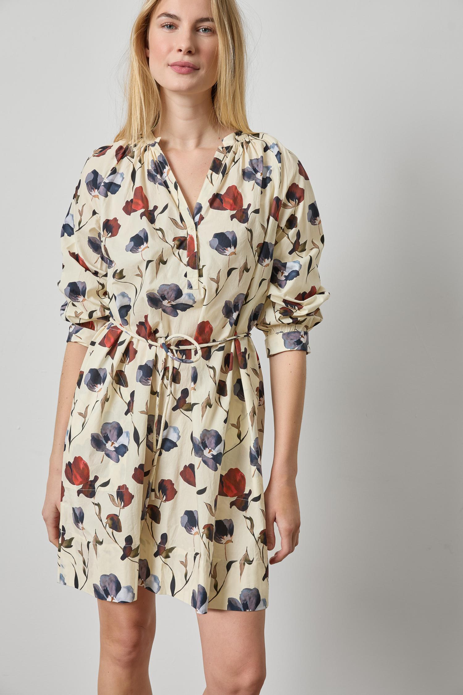 Shirred Neck Placket Dress Womens Dress Blue Poppy Print A4
