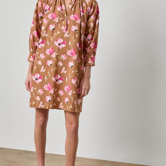 Shirred Neck Placket Dress Womens Dress Pink Poppy Print A1