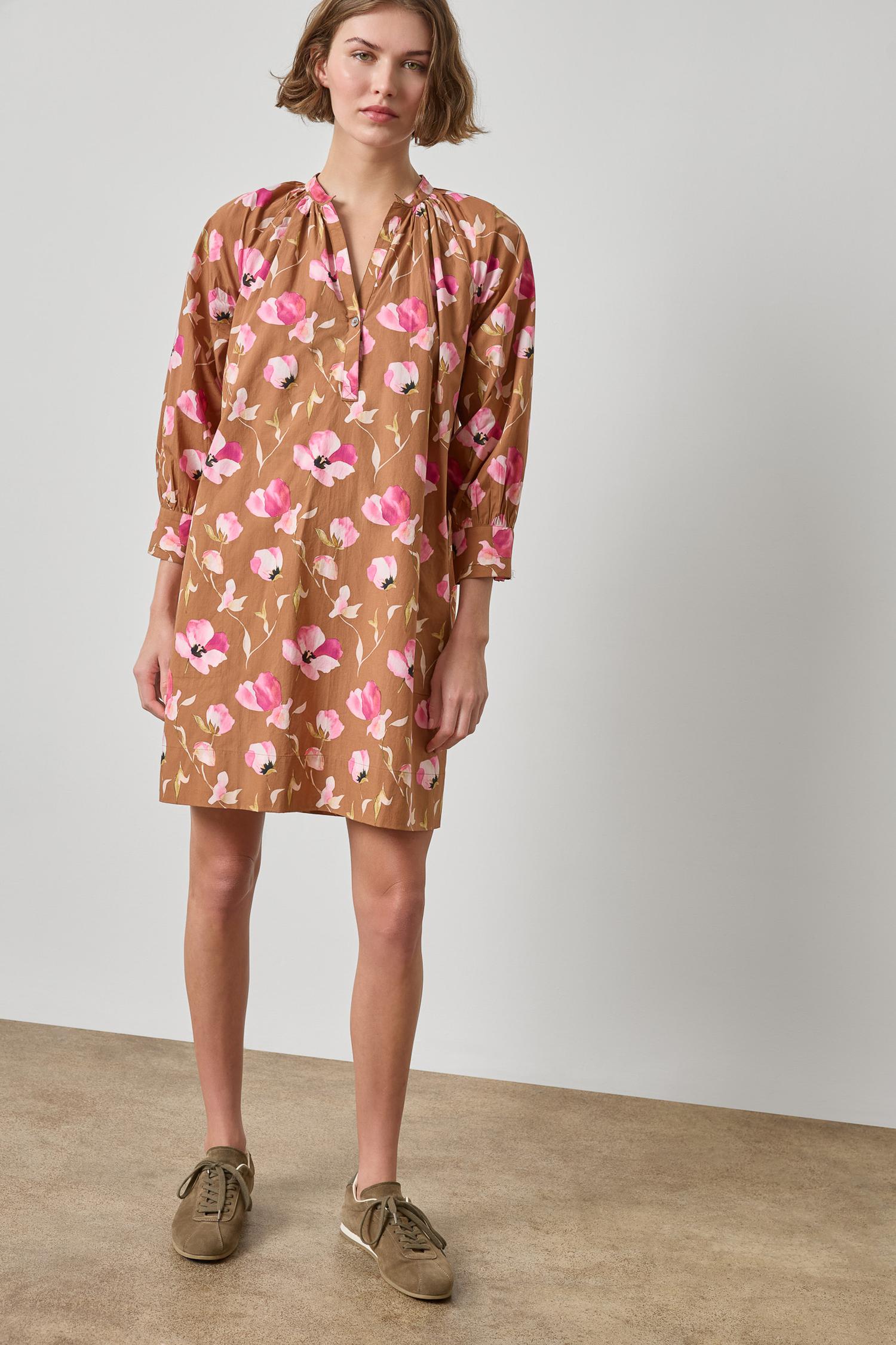 Shirred Neck Placket Dress Womens Dress Pink Poppy Print A1