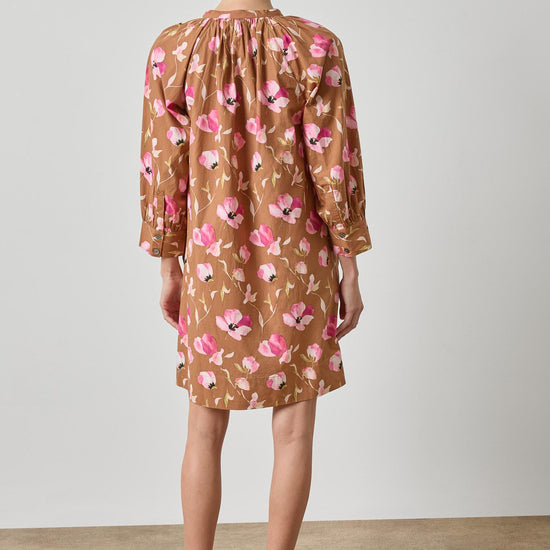 Shirred Neck Placket Dress Womens Dress Pink Poppy Print A2
