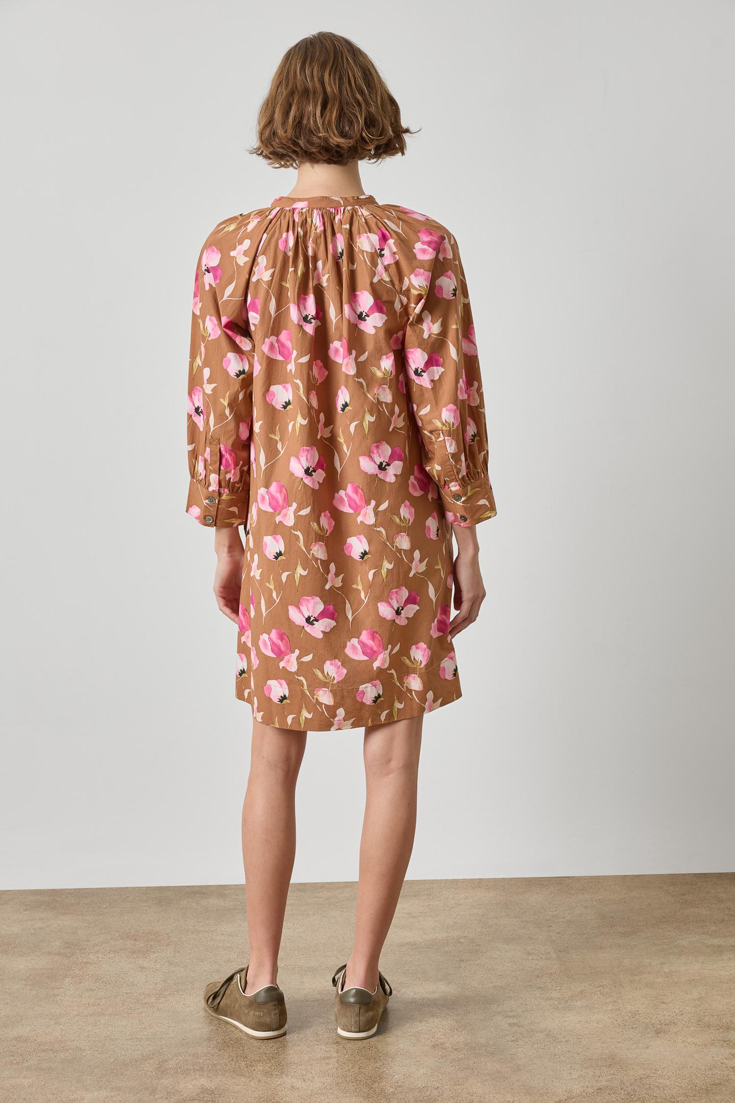Shirred Neck Placket Dress Womens Dress Pink Poppy Print A2