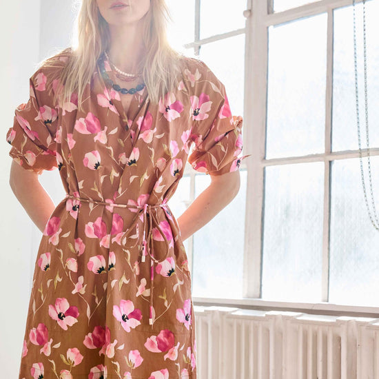 Shirred Neck Placket Dress Womens Dress Pink Poppy Print C1