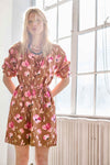 Shirred Neck Placket Dress Womens Dress Pink Poppy Print C1
