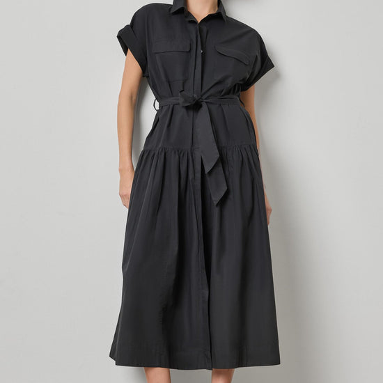 Cuffed Sleeve Maxi Shirt Dress Womens Dress Black A1