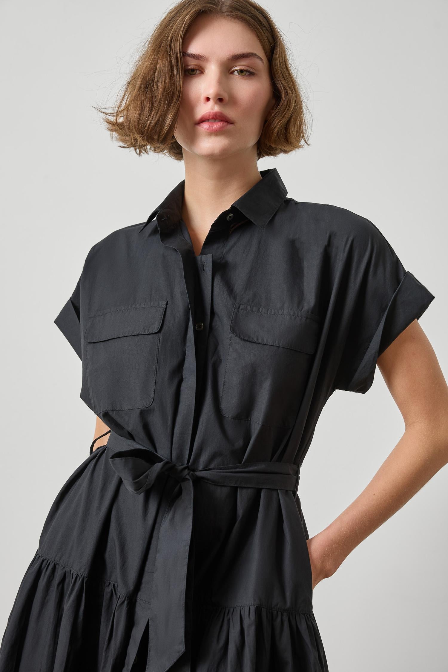 Cuffed Sleeve Maxi Shirt Dress Womens Dress Black A3