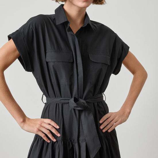 Cuffed Sleeve Maxi Shirt Dress Womens Dress Black A4