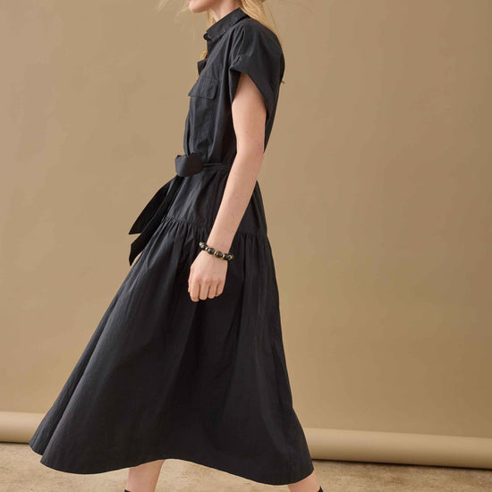 Cuffed Sleeve Maxi Shirt Dress Womens Dress Black C1