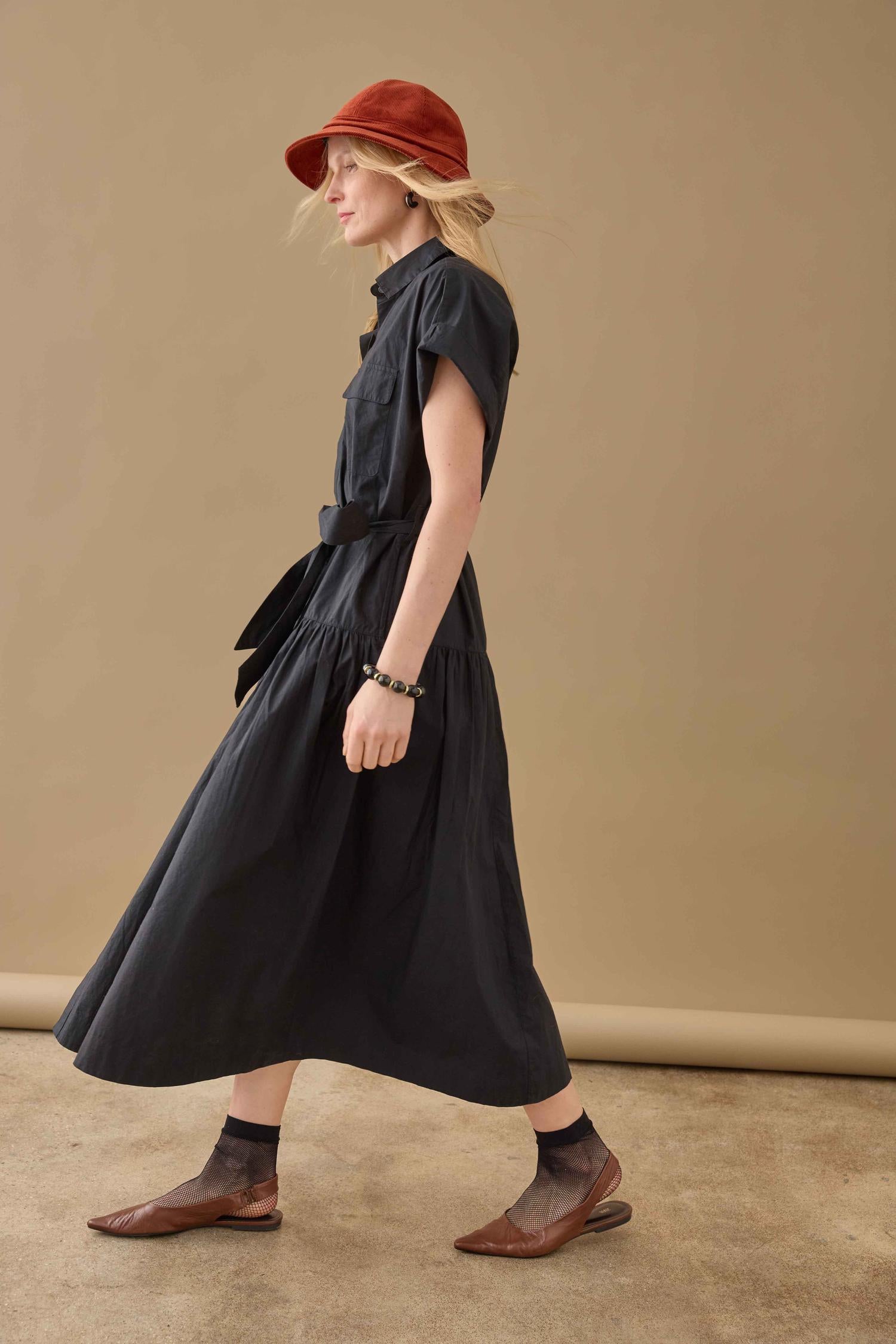 Cuffed Sleeve Maxi Shirt Dress Womens Dress Black C1