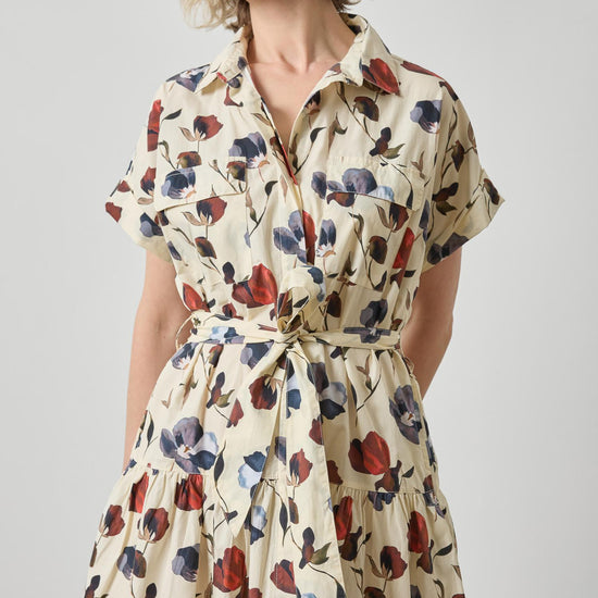 Cuffed Sleeve Maxi Shirt Dress Womens Dress Blue Poppy Print A1