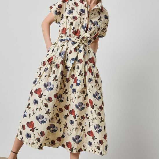 Cuffed Sleeve Maxi Shirt Dress Womens Dress Blue Poppy Print A3