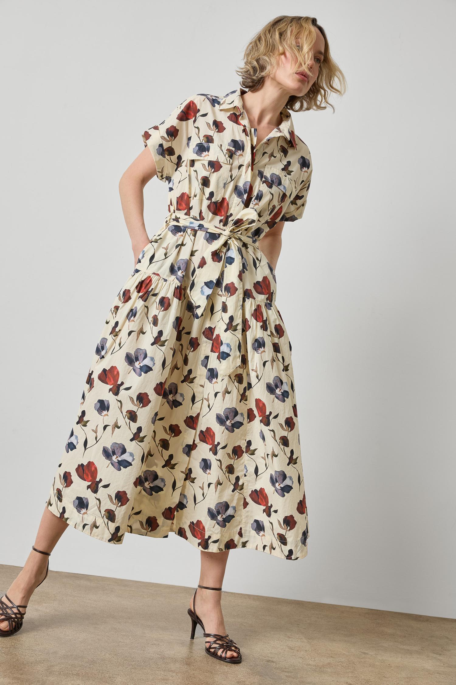 Cuffed Sleeve Maxi Shirt Dress Womens Dress Blue Poppy Print A3
