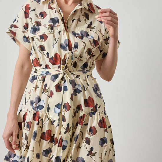 Cuffed Sleeve Maxi Shirt Dress Womens Dress Blue Poppy Print A4