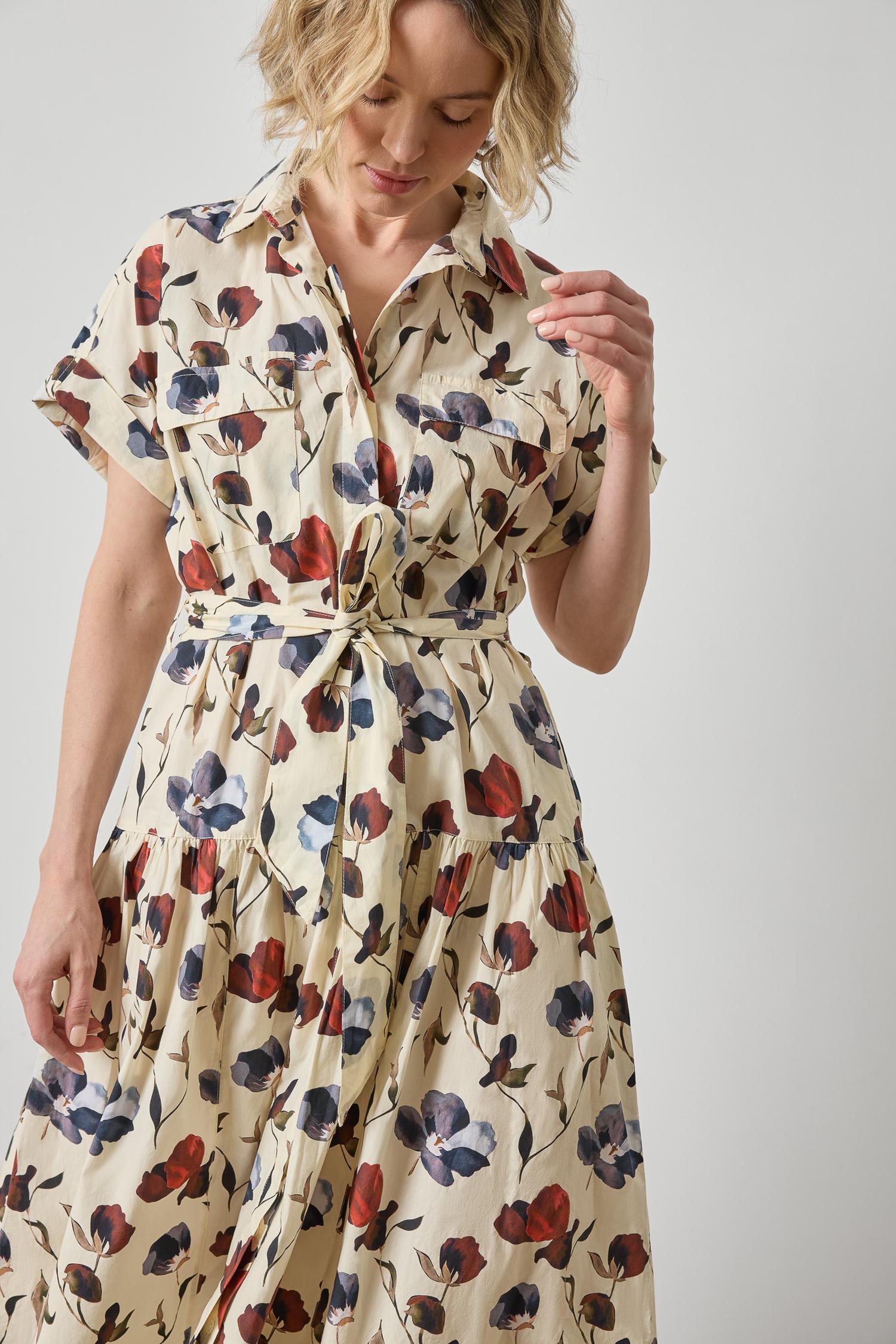 Cuffed Sleeve Maxi Shirt Dress Womens Dress Blue Poppy Print A4
