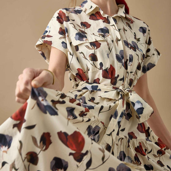 Cuffed Sleeve Maxi Shirt Dress Womens Dress Blue Poppy Print C1