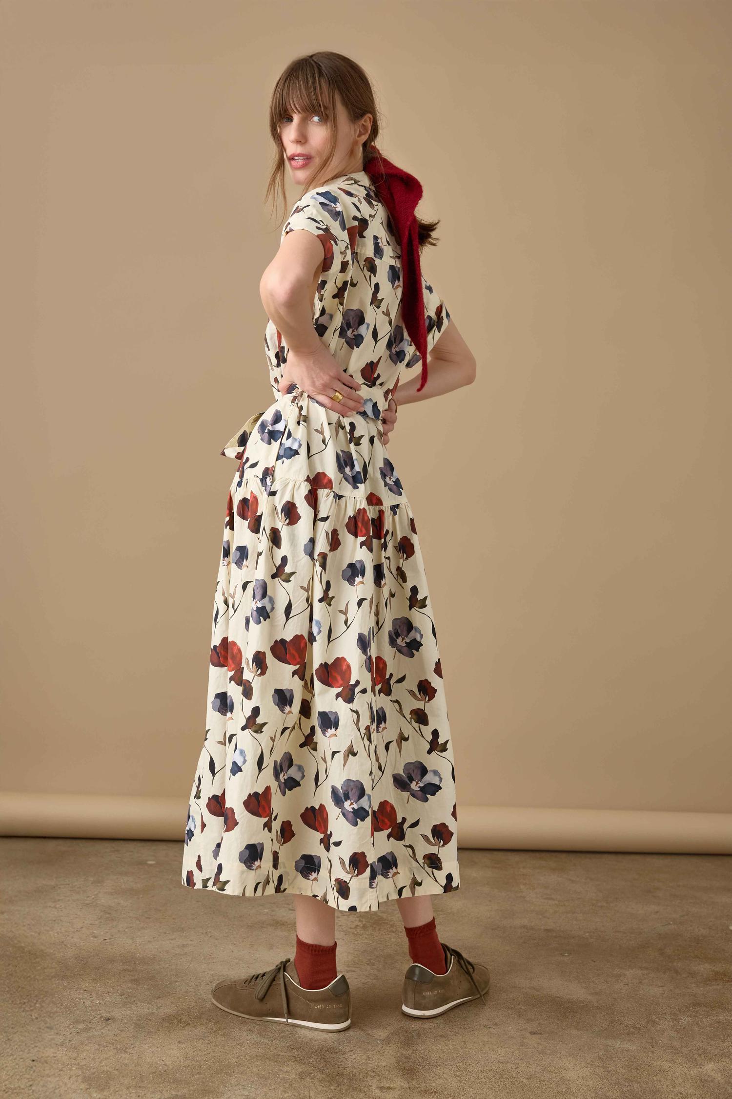 Cuffed Sleeve Maxi Shirt Dress Womens Dress Blue Poppy Print C2