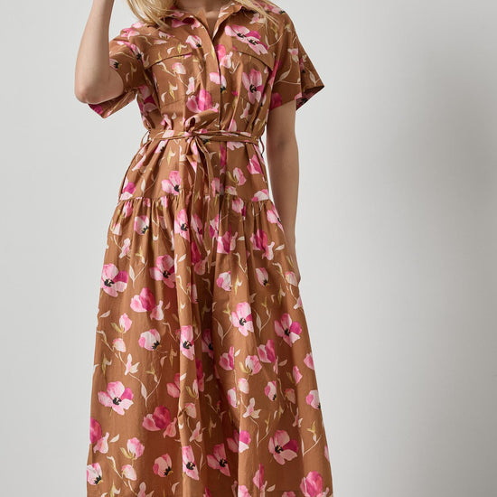 Cuffed Sleeve Maxi Shirt Dress Womens Dress Pink Poppy Print A1