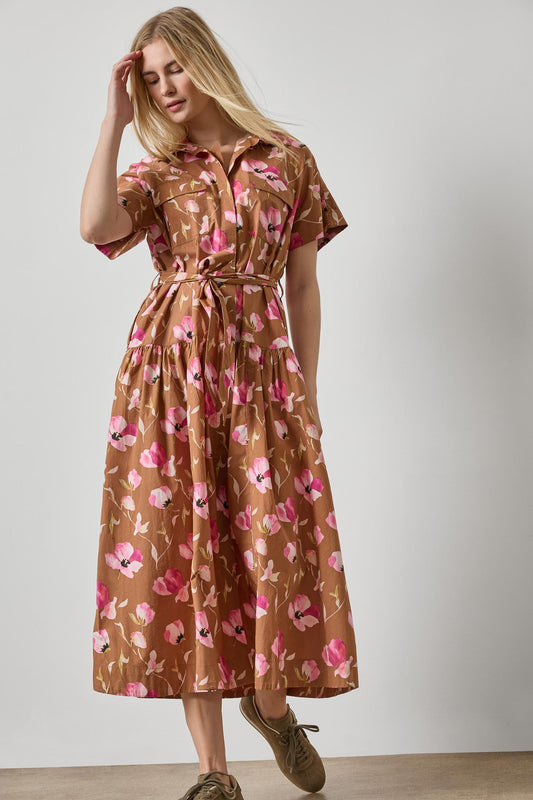 Cuffed Sleeve Maxi Shirt Dress Womens Dress Pink Poppy Print A1
