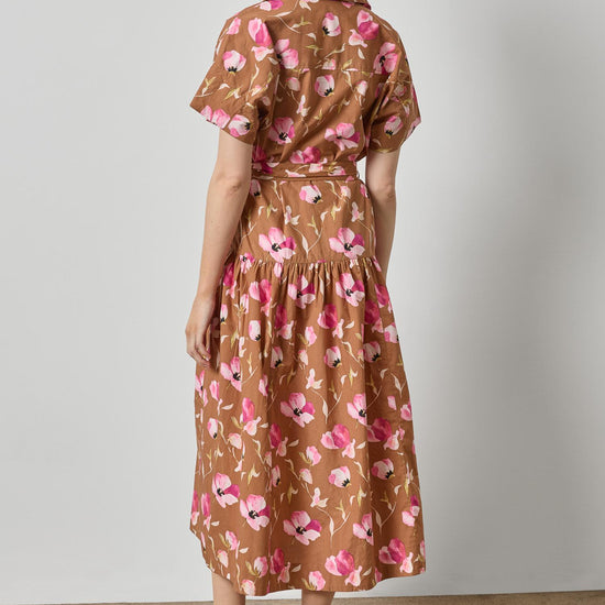 Cuffed Sleeve Maxi Shirt Dress Womens Dress Pink Poppy Print A2