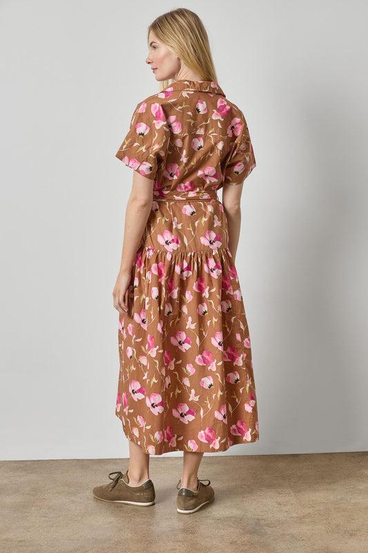 Cuffed Sleeve Maxi Shirt Dress Womens Dress Pink Poppy Print A2