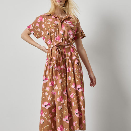 Cuffed Sleeve Maxi Shirt Dress Womens Dress Pink Poppy Print A3