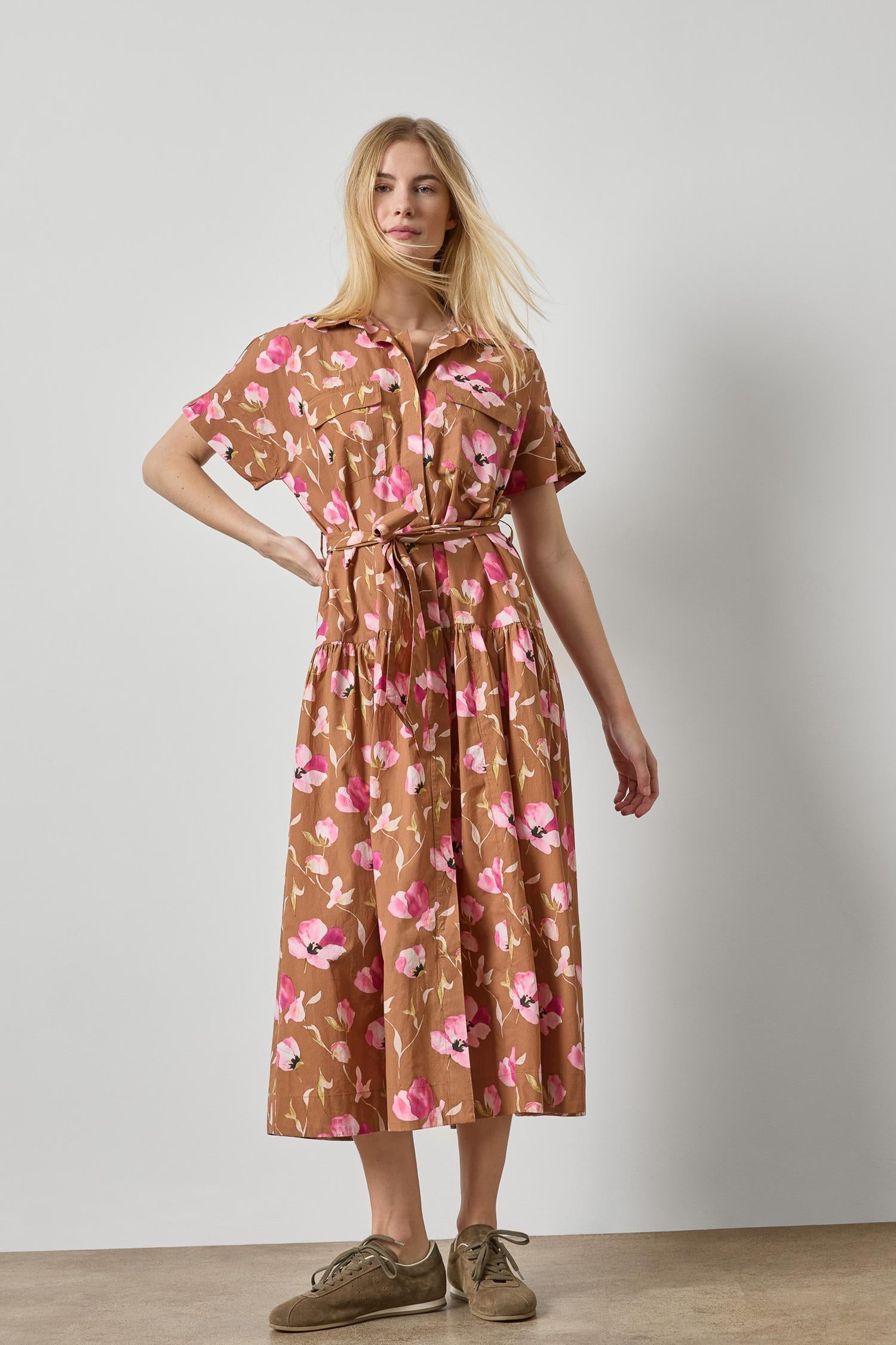 Cuffed Sleeve Maxi Shirt Dress Womens Dress Pink Poppy Print A3