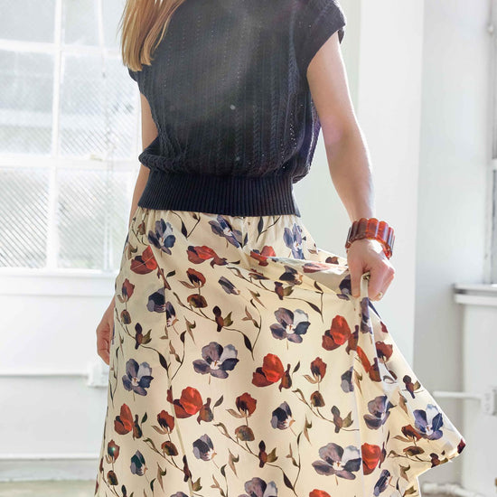 Elastic Waist Paneled Skirt Womens Skirt Blue Poppy Print C1