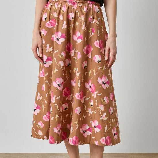 Elastic Waist Paneled Skirt Womens Skirt Pink Poppy Print A1