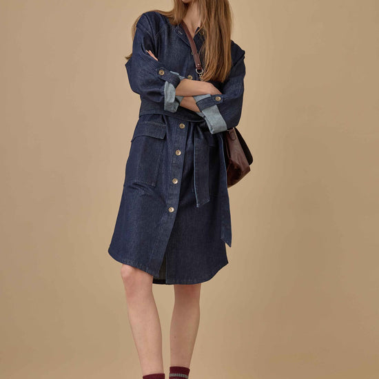 Dolman Full Sleeve Shirt Dress Womens Dress Dark Wash Blue C1