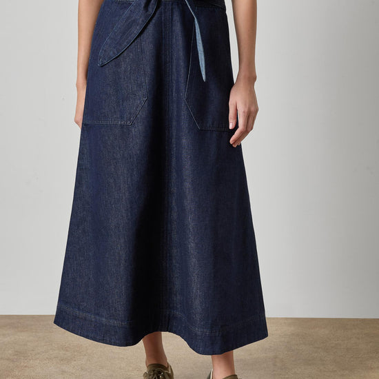 Belted Pocket Front Skirt Womens Skirt Dark Wash Blue A1