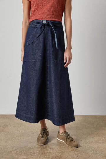 Belted Pocket Front Skirt Womens Skirt Dark Wash Blue A1