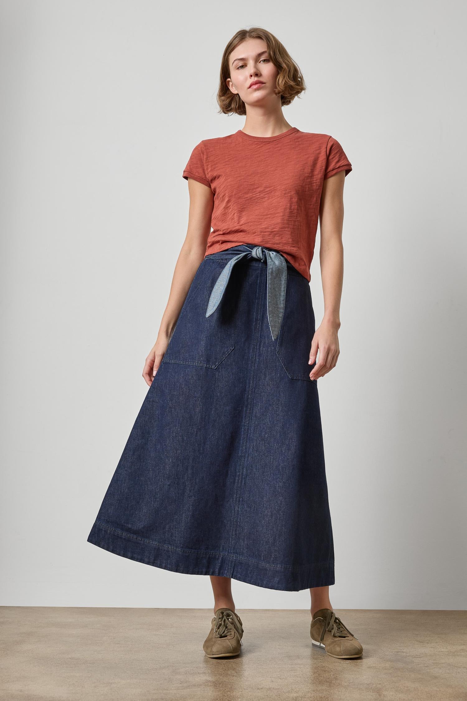Belted Pocket Front Skirt Womens Skirt Dark Wash Blue A3
