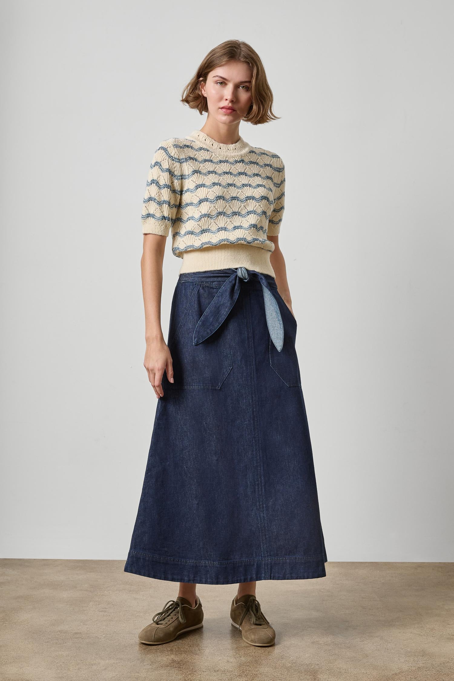 Belted Pocket Front Skirt Womens Skirt Dark Wash Blue A4
