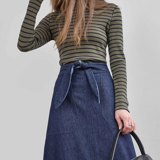 Belted Pocket Front Skirt Womens Skirt Dark Wash Blue C1