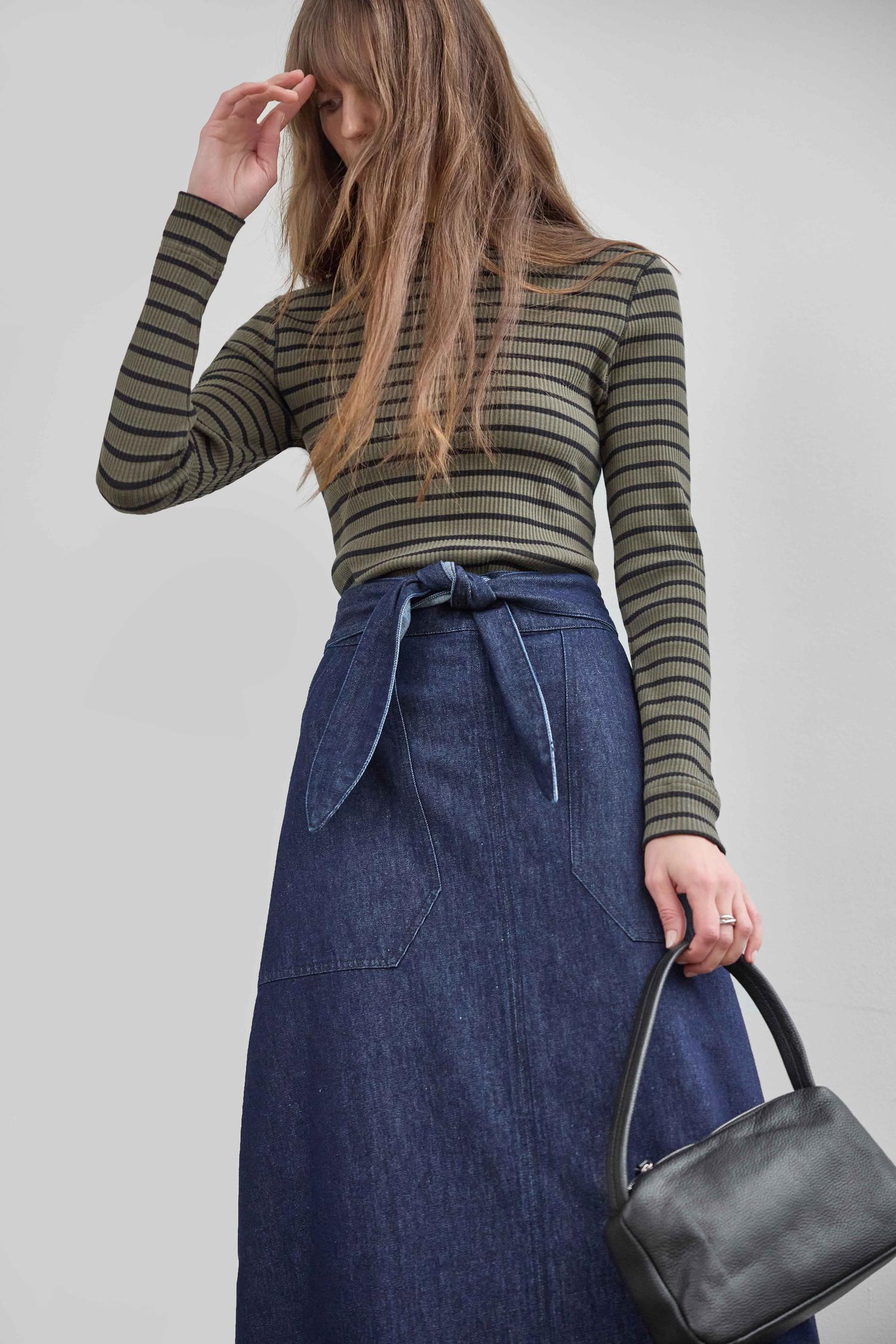 Belted Pocket Front Skirt Womens Skirt Dark Wash Blue C1