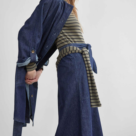 Belted Pocket Front Skirt Womens Skirt Dark Wash Blue C3