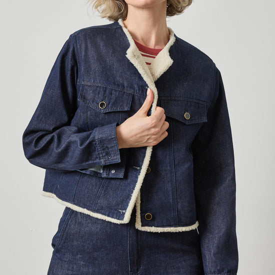 Sherpa Lined Jean Jacket Womens Jacket Dark Wash Blue A1