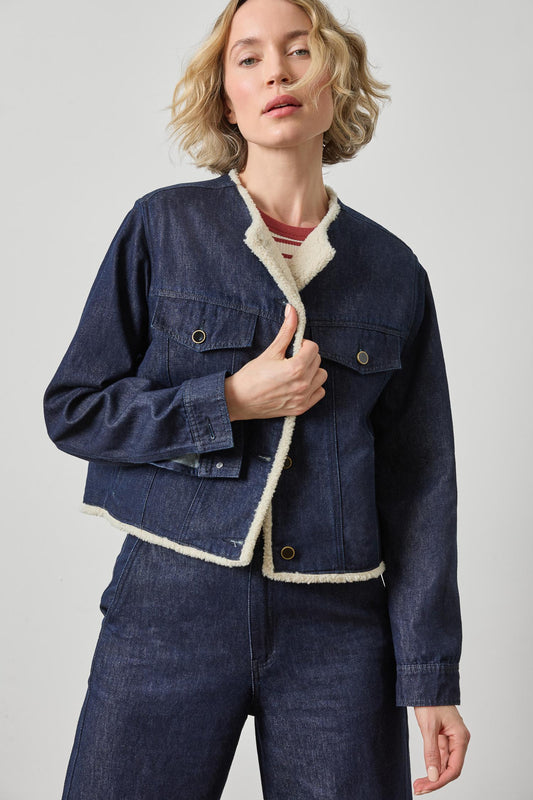 Sherpa Lined Jean Jacket Womens Jacket Dark Wash Blue A1