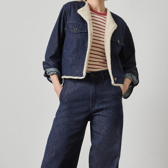 Sherpa Lined Jean Jacket Womens Jacket Dark Wash Blue A3