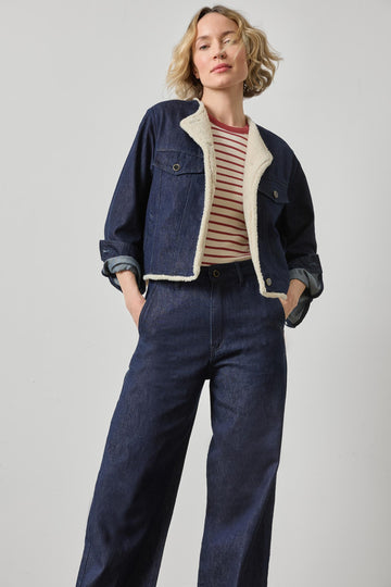 Sherpa Lined Jean Jacket Womens Jacket Dark Wash Blue A3