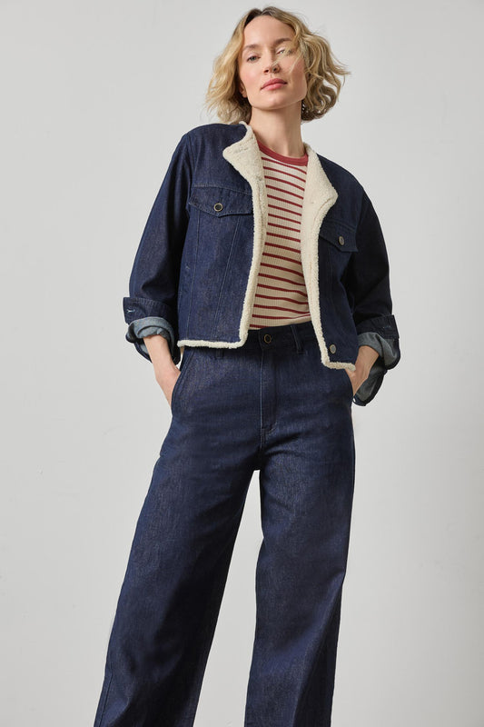 Sherpa Lined Jean Jacket Womens Jacket Dark Wash Blue A3
