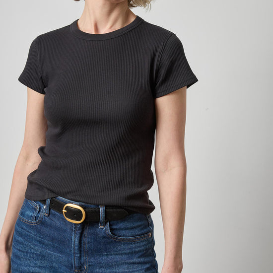 Ribbed Short Sleeve Crew Womens Top Black A1