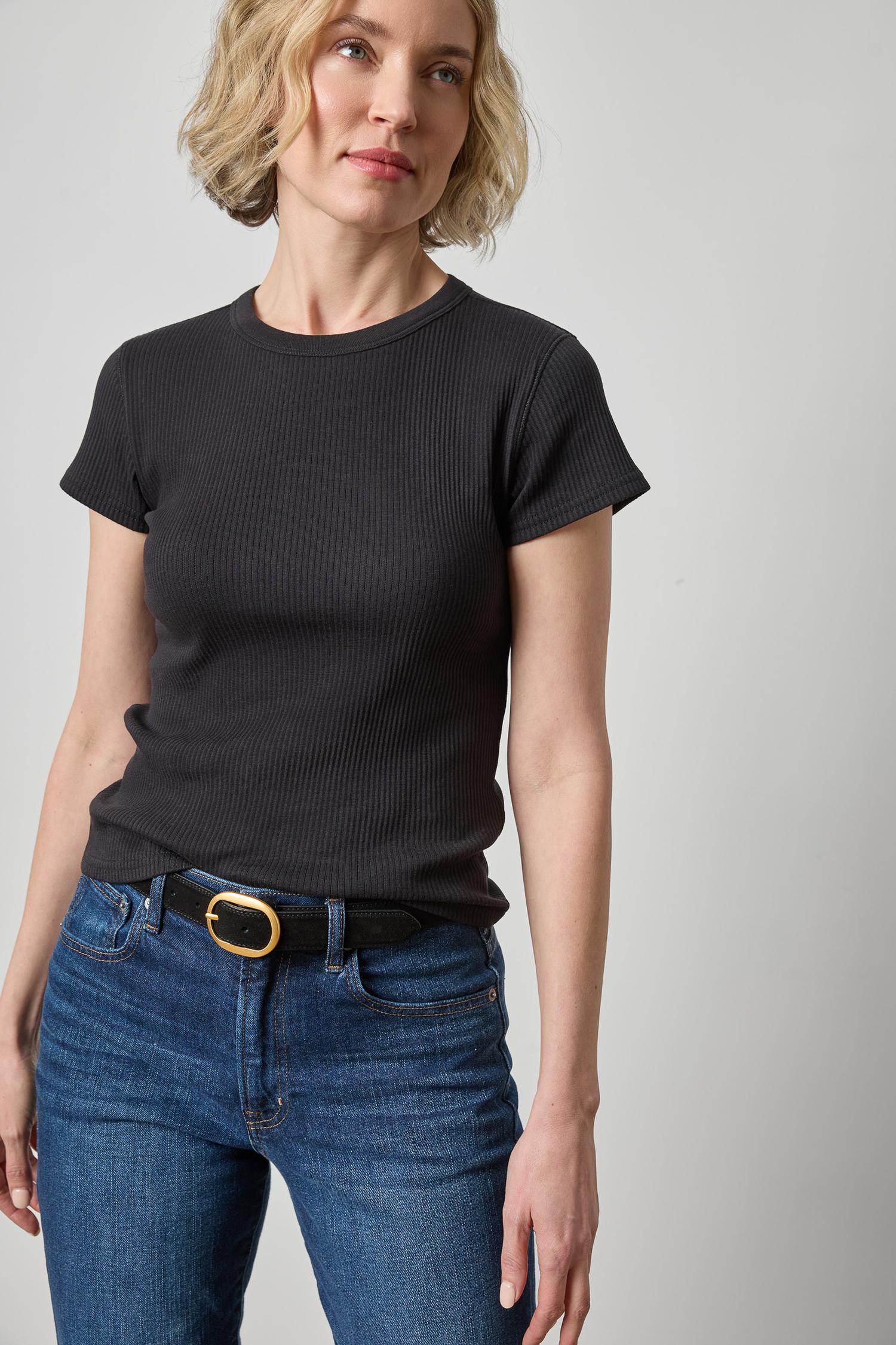 Ribbed Short Sleeve Crew Womens Top Black A1