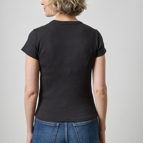 Ribbed Short Sleeve Crew Womens Top Black A2