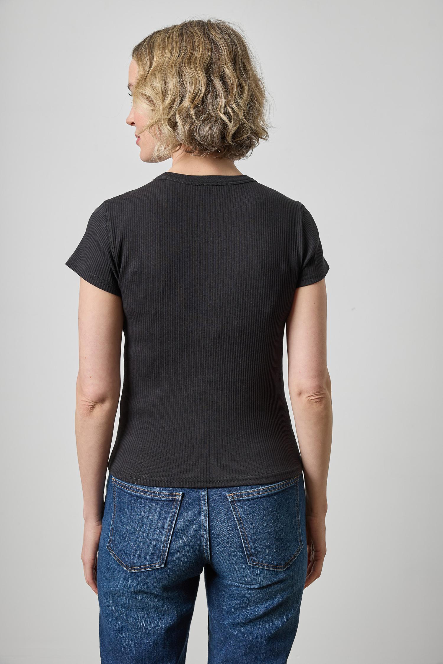 Ribbed Short Sleeve Crew Womens Top Black A2