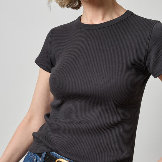 Ribbed Short Sleeve Crew Womens Top Black A3