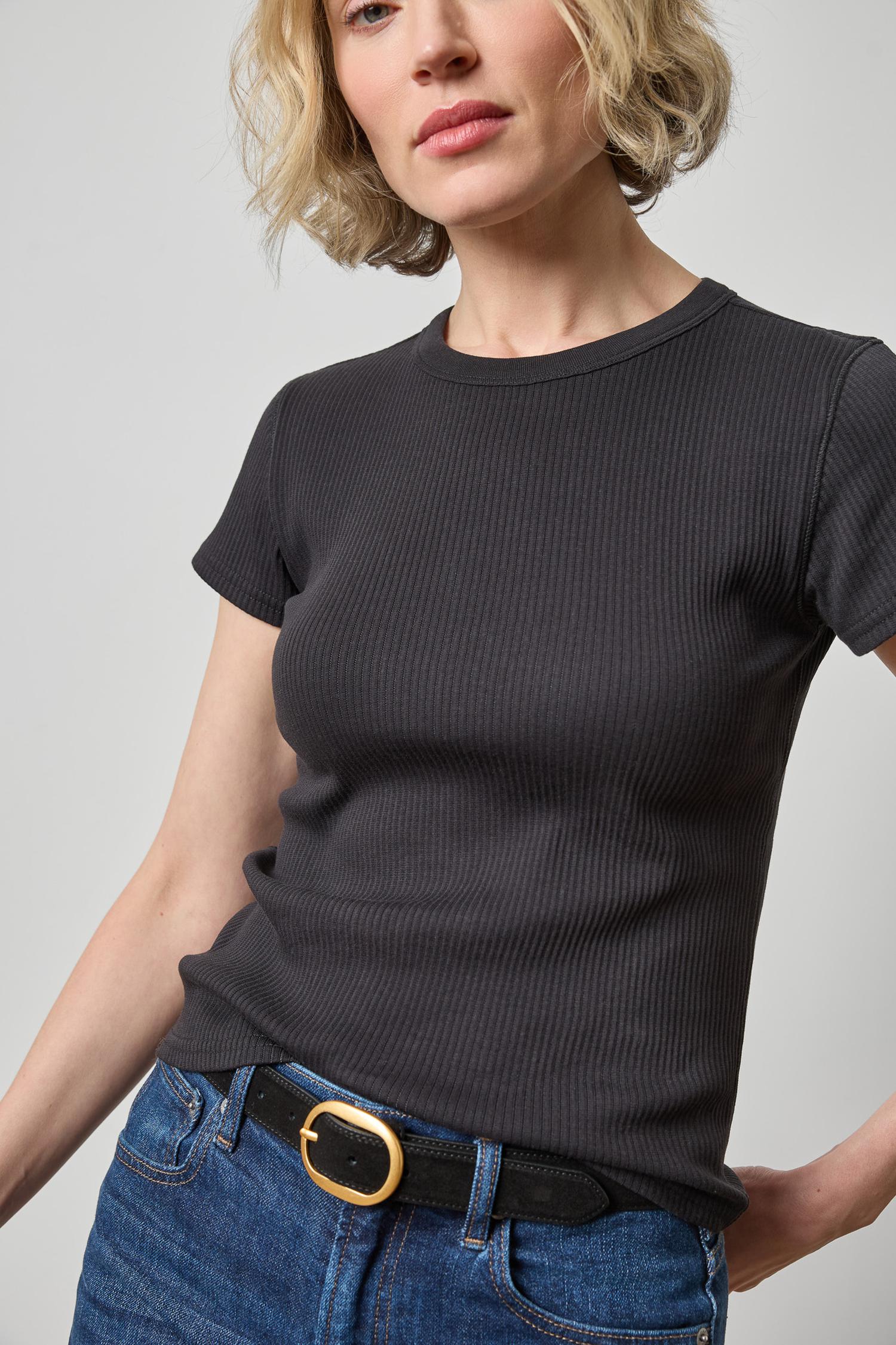 Ribbed Short Sleeve Crew Womens Top Black A3