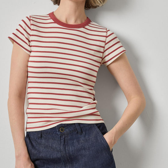 Ribbed Short Sleeve Crew Womens Top Henna Stripe A1